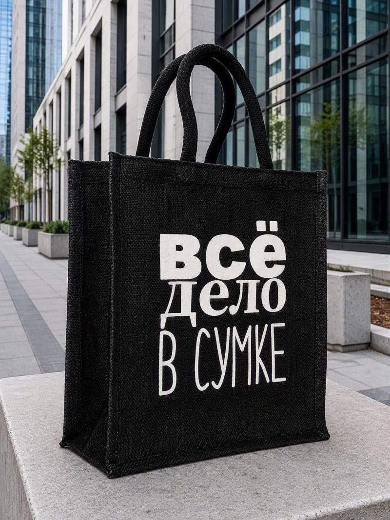 Набор из двух черных джутовых шопперов с разными ручками